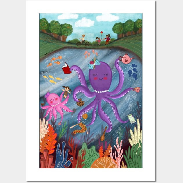 Underwater octopus mom and daughter Wall Art by SanMade